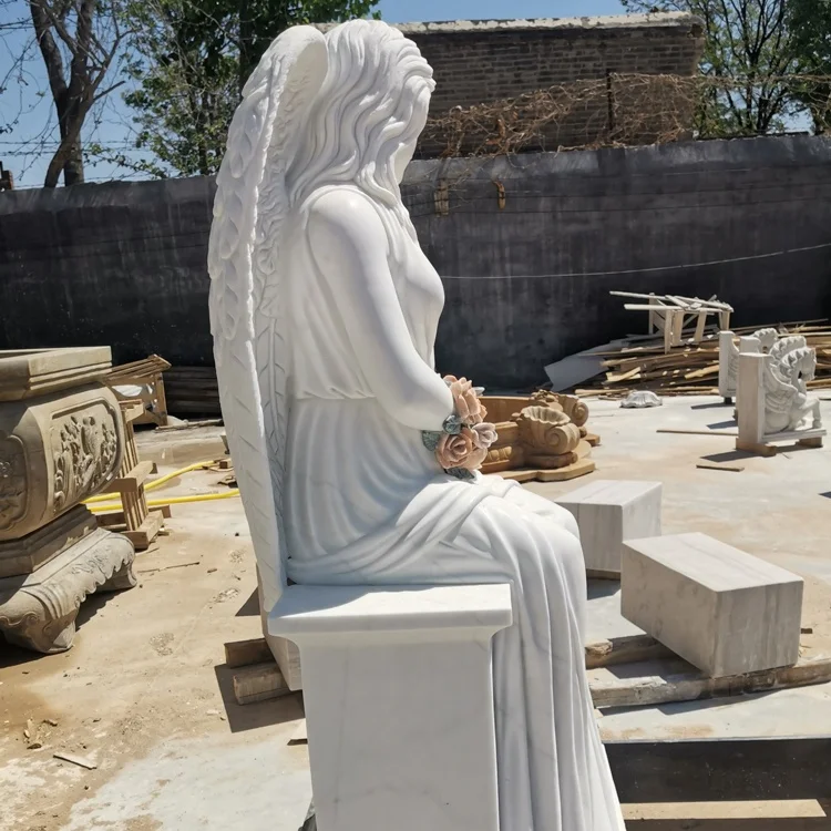 Cemetery Hand Carved White Marble Sitting Angel Tombstone Gravestone