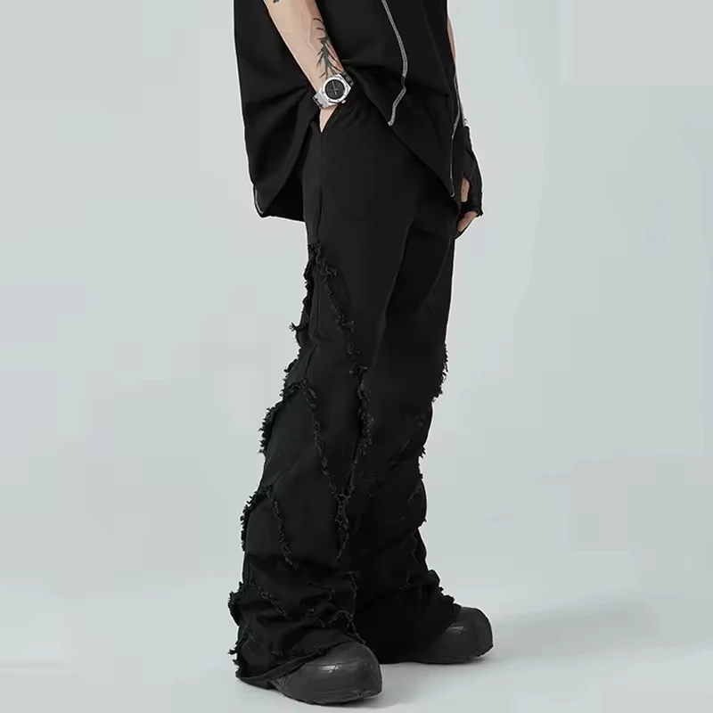 Custom quality stylish street straight leg patchwork youth black jeans Hip Hop rock personality style