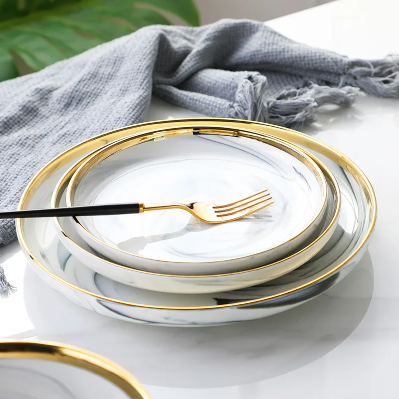 Marble Bowl Dishes Bowl Dinner Ware Fine Porcelain Rimmed China Best Selling Gold Luxury Brown Box Color Enamel Home Appliance