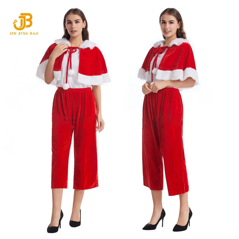 JJB женский красный бархатный костюм Санта-Клауса для взрослых Рождественская одежда косплея с плащом и шляпой