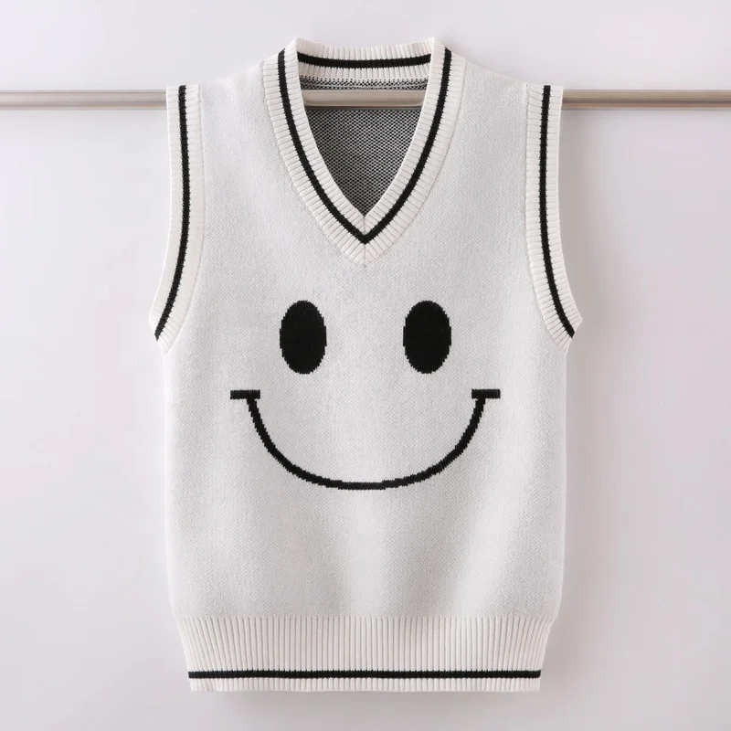 
Wholesale smile printed pattern v neck sleeveless solid color pull over sweater vest 