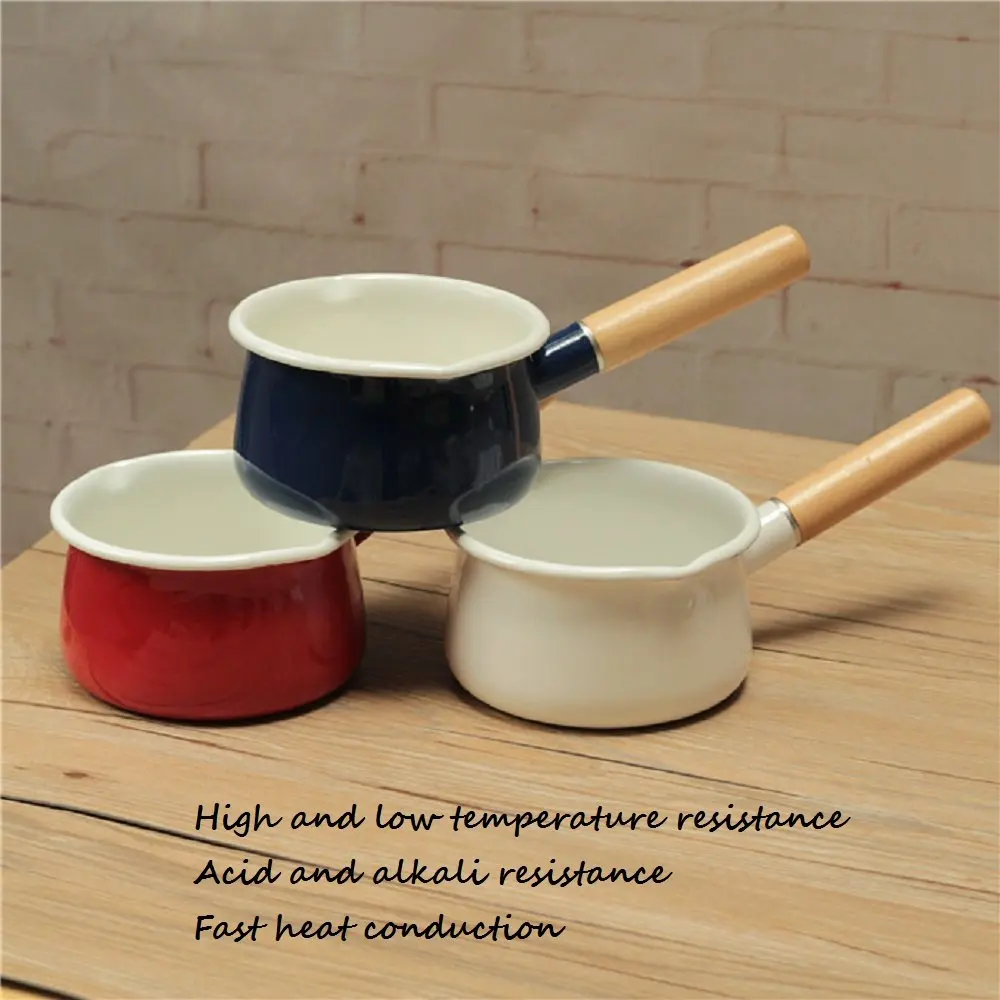 senny Factory custom household enamel double inverted tip butter heated milk pot white inner coated wooden handle small stockpot