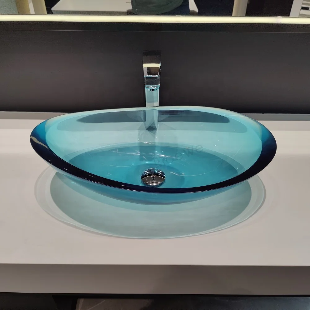 crystal transparent bathroom sinks, blue color resin basin counter top translucent clear wash basins