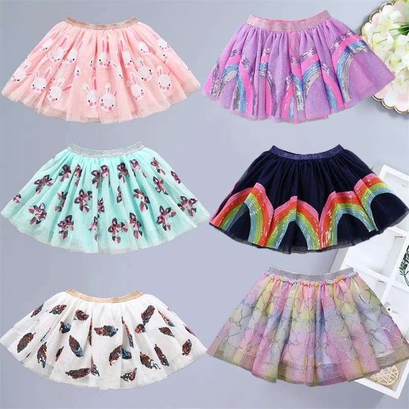 Summer Watermelon Rainbow Sequin Baby Girls Tutu Skirts Pleated Skirt Kids Princess Girls Ballet Tutu Mesh Sequin Skirts