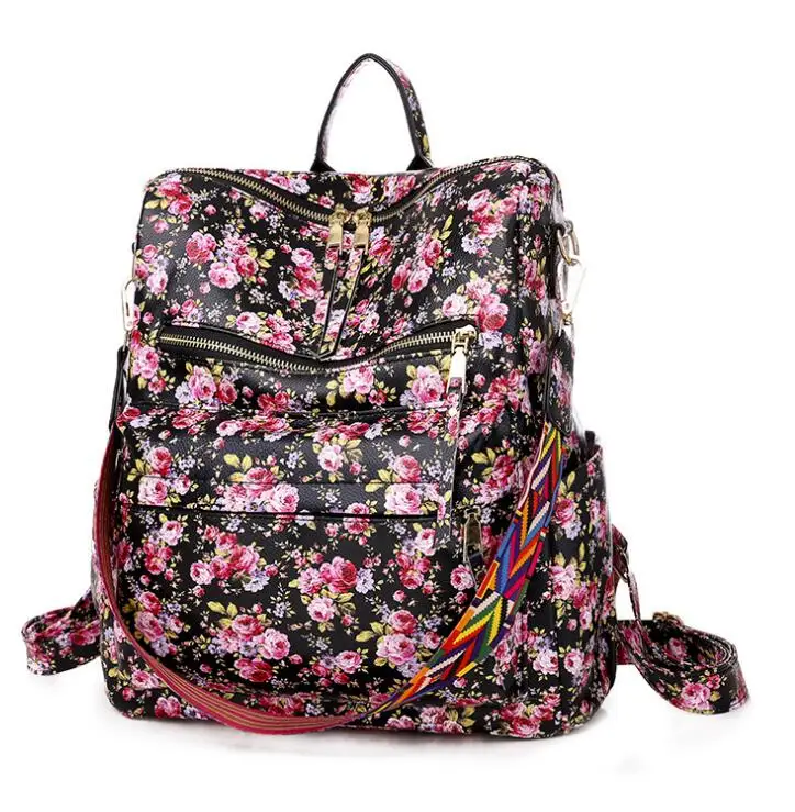 PU Leather Large Capacity New Design Women Backpack Fashion Animal Flower Printed Bags