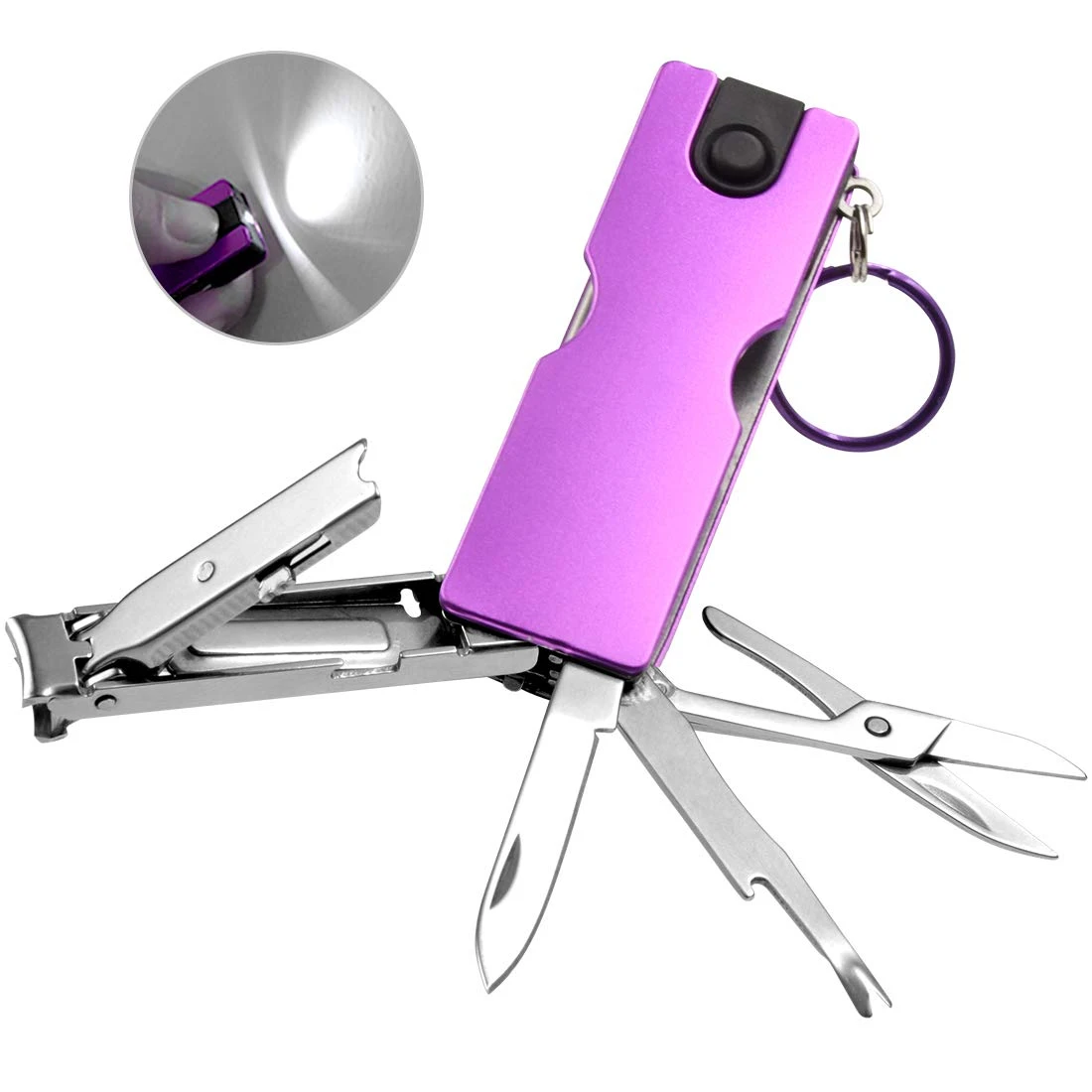 Multi Nail Clippers Pocket Nail File Folding keychain Knife with Scissors Tweezers Flashlight Stainless Steel for Men Women