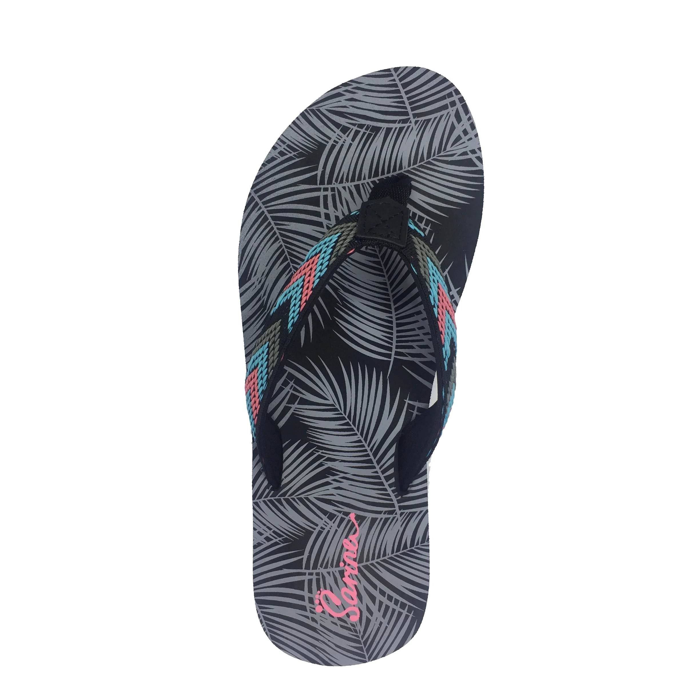 Double color webbing strap customized palm tree silk printed soft EVA sole sheet woman nude woman flip flops