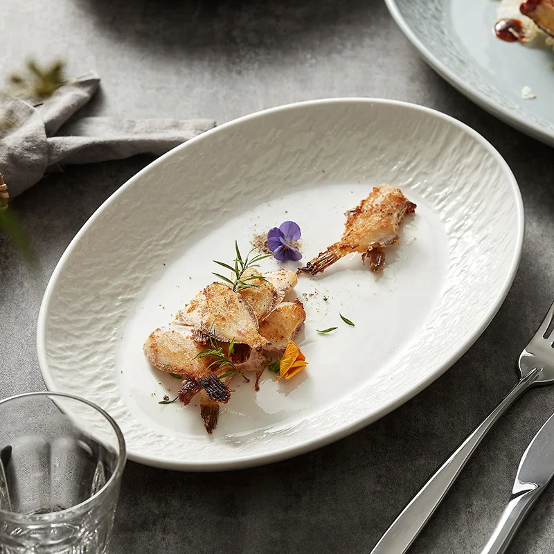 Ceramic Plates Tableware Set Stone Design, 12 Inch Oval Serving Plate Dish For Curry Rice, Salad, Dessert, Black & White Color