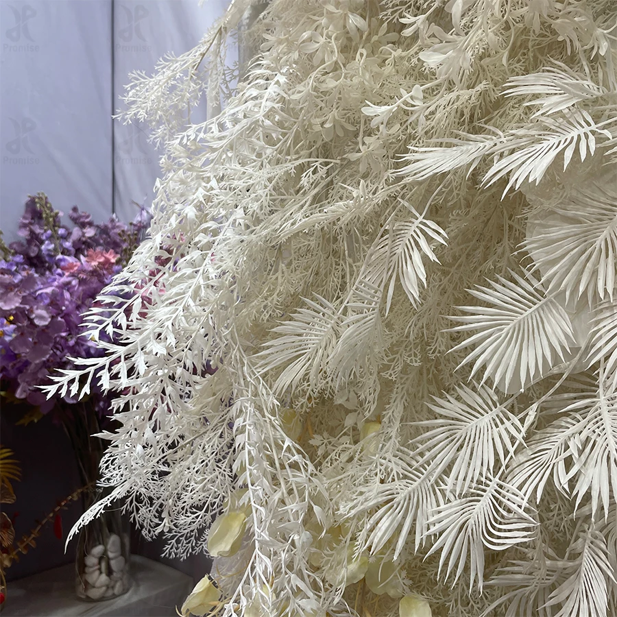 Promise Customized Long Drapery Cream White 3D Hairy Feather Flower Wall With Butterfly Orchid Roll Up Floral Wall