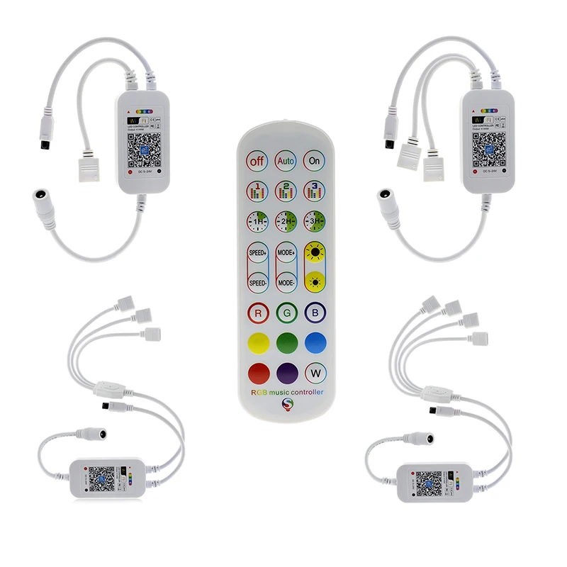 WiFi Smart LED Music Syncs Controller - DC 5V/12V/24V, 6A, 3-Channel RGB PWM Dimmer, 1-4 Port Output, 4-Pin, 24-Key IR Remote