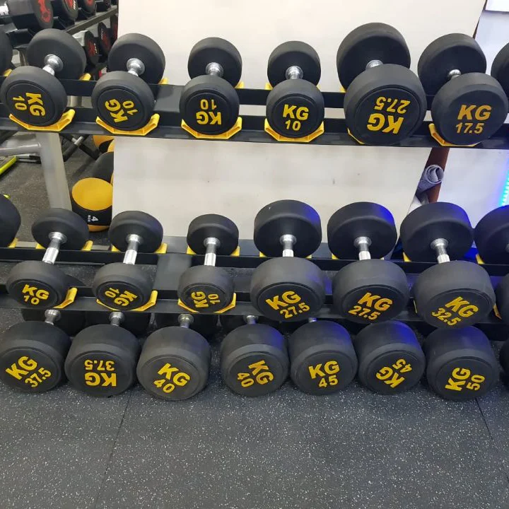 Commercial use Gym Yellow Font Arched handle Dumbbell set P013 Rubber Coated Round Dumbbell