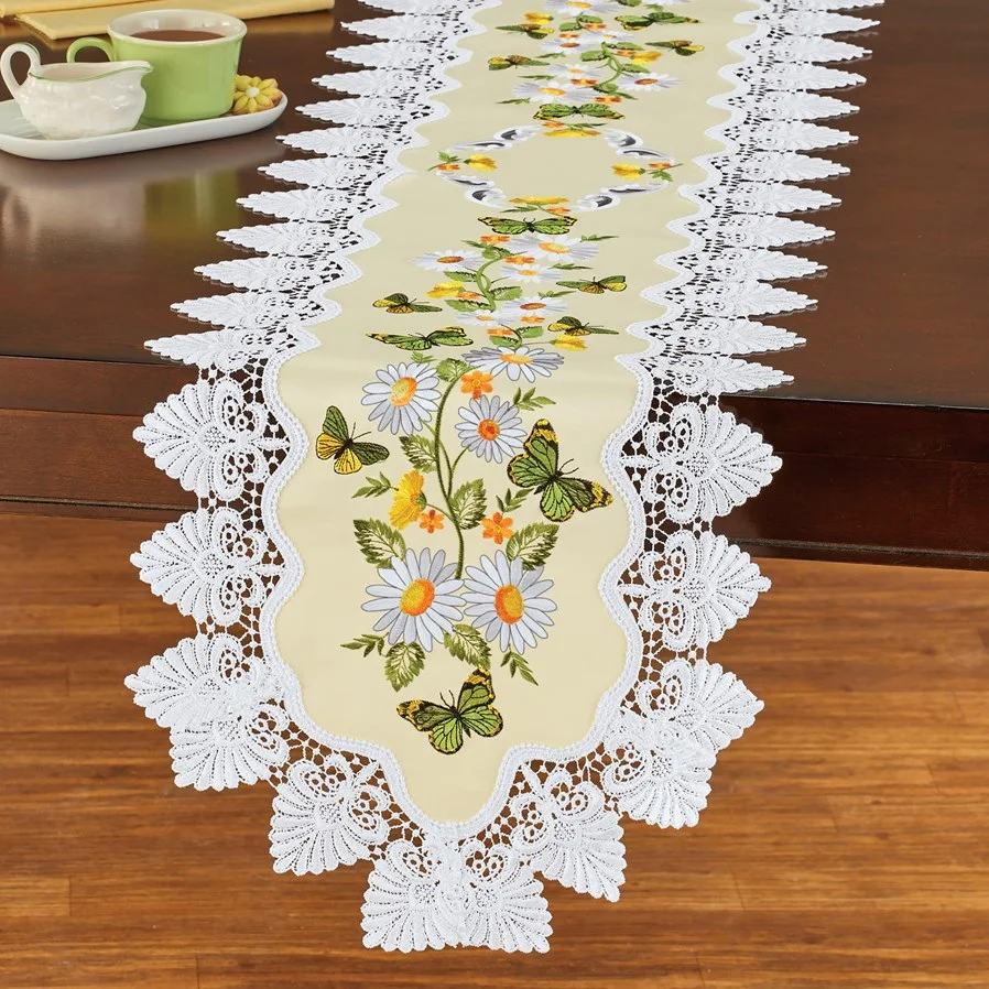 machine made lace tablerunner with embroidery and cutwork 16x72