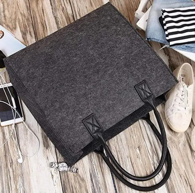 Wholesale printed wool felt bags custom logo dark grey felt tote bag felt shopping bag