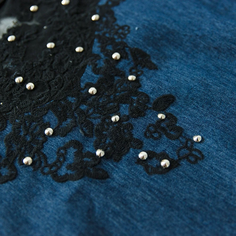 Plus Size S-4XL Embroidery Patchwork Lace Denim Dress Women Short Sleeve A-line Jeans Dresses D9N101B