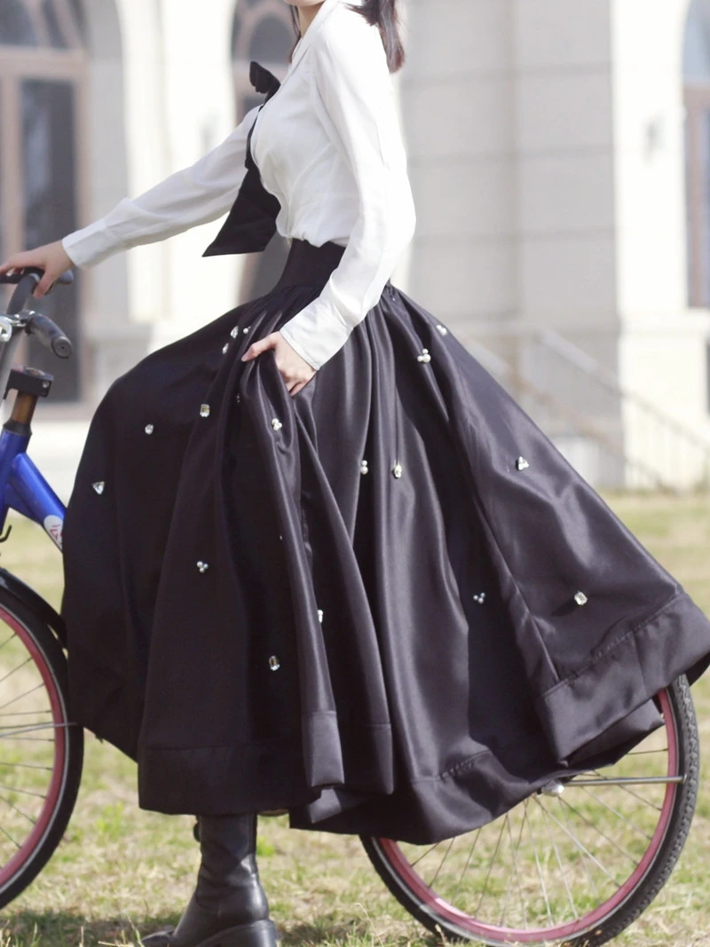 mid-length high waist pocket satin classic umbrella skirt slimming hand-stitched retro style Skirts