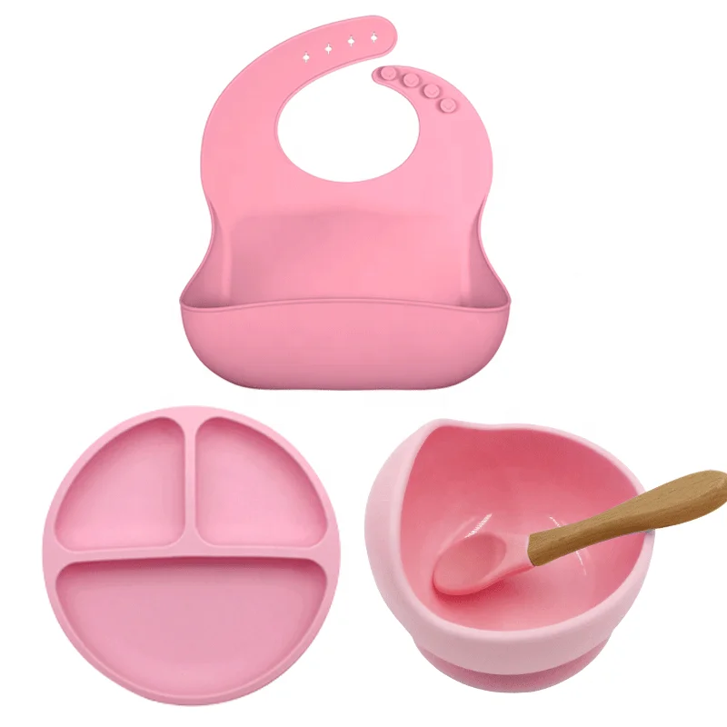 Wellfine Customized Kid  BPA Free  Baby Bib Food grade silicone Suction  Bowl Plate Spoon Silicone Baby Tableware