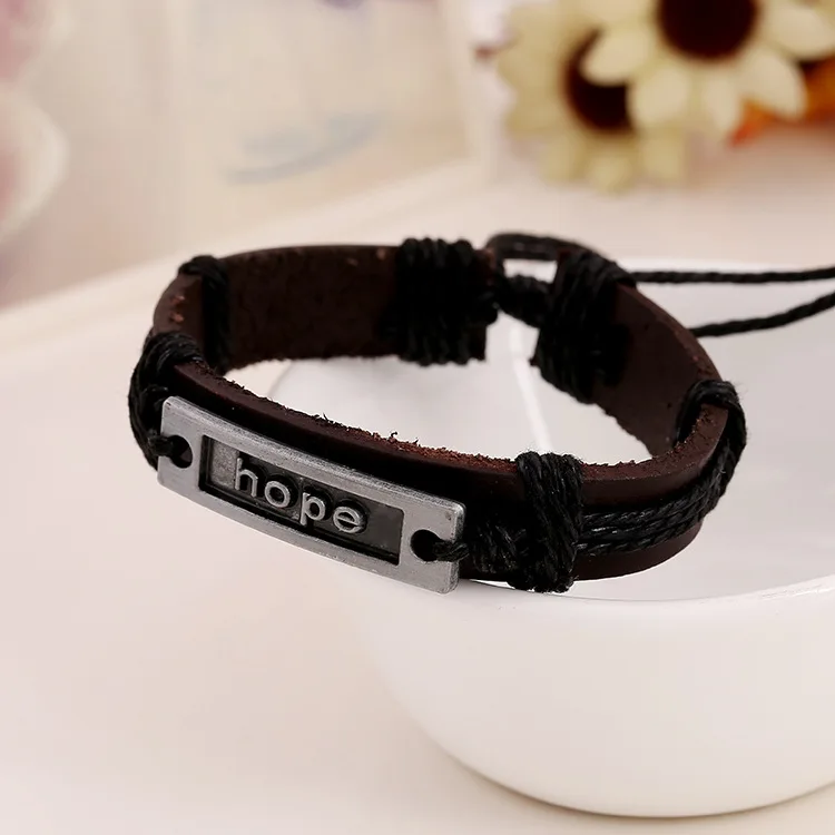 Wholesale handmade encourage letter faith hope engraved man leather bracelet for gift