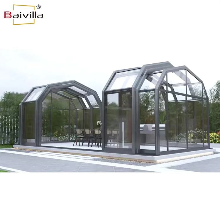 Freestanding outdoor garden winter movable sun room glass house free standing electric retractable sunroom