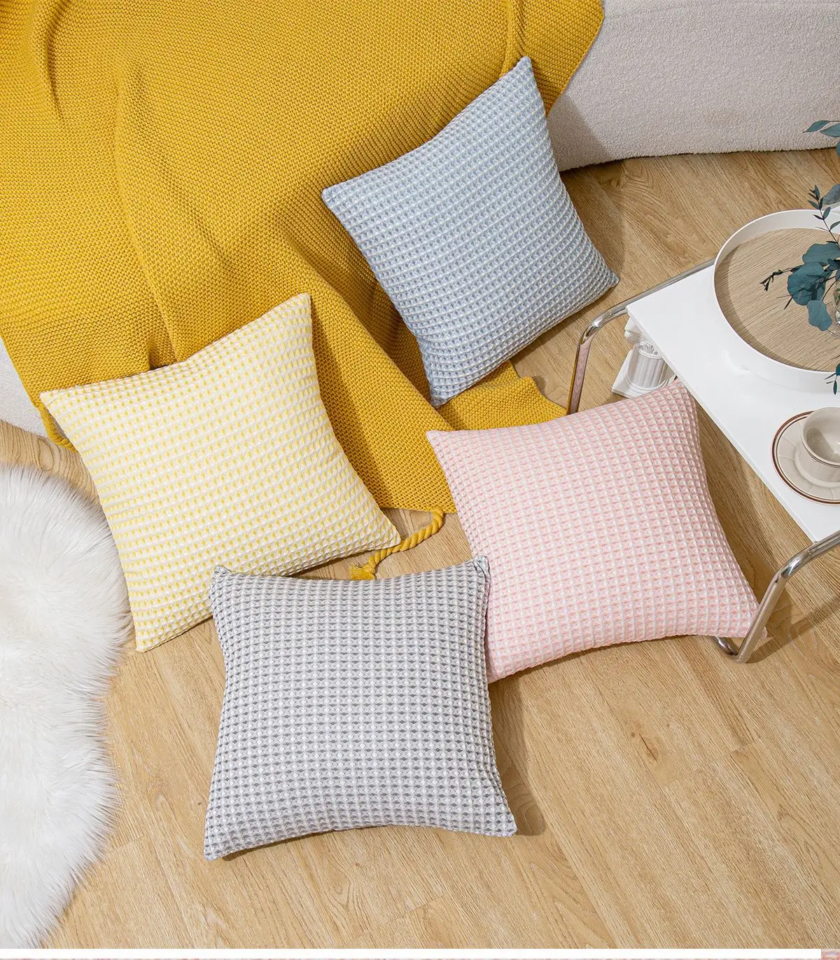 Elegant Home Decorative Cotton Waffle Textured Decorative Cushion Cover, Solid Color Throw Pillow Covers for Sofa Decor