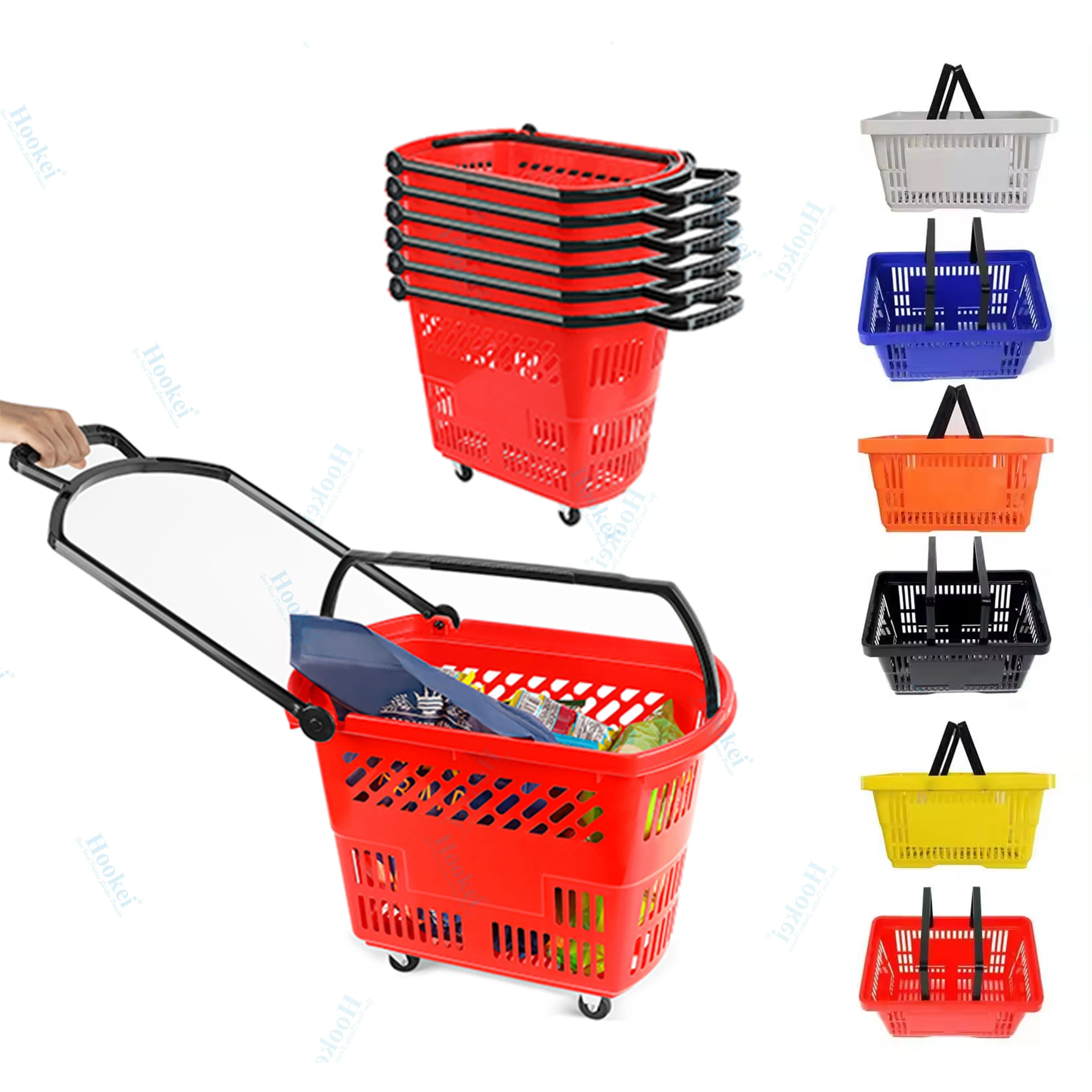 Colorful Shopping Basket Supermarket Plastic Green Custom OEM Hand Push Wheels 40L 20 L with Handles