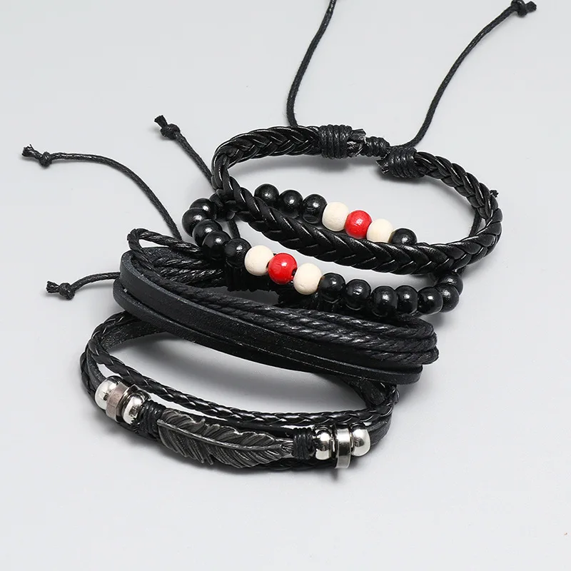 Fashion feather beaded Jewelry Handmade Woven Vintage multilayer Bracelet DIY 4 pieces set bracelets for men and women