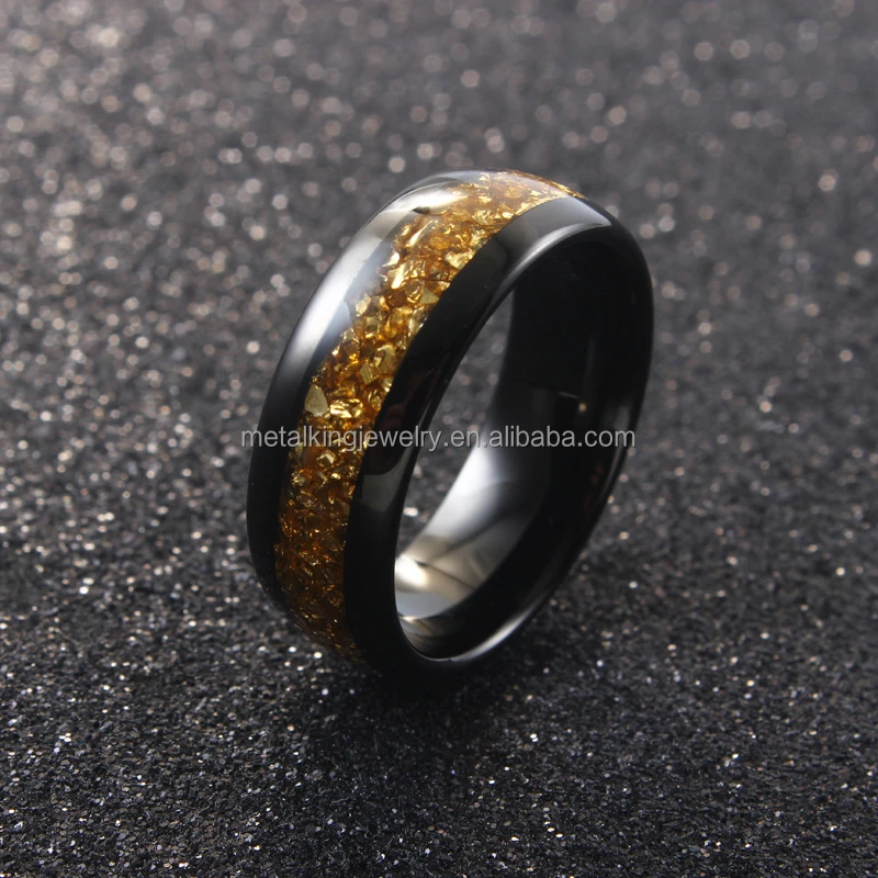 8mm Black Tungsten ring with Gold Germany Glass Stone Inlay, Dome Finished.