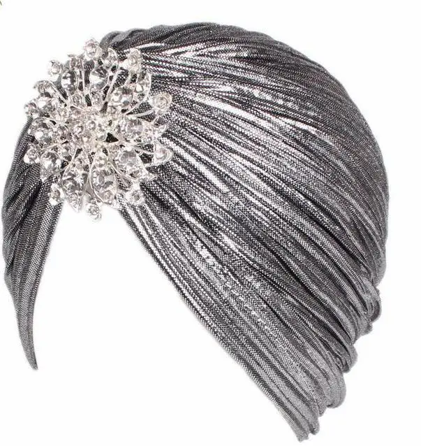 Spandex Indian Crystal Brooch Hat Muslim Hijab Gold Ruffled Glitter Turban African Headwrap Turbans For Ladies African