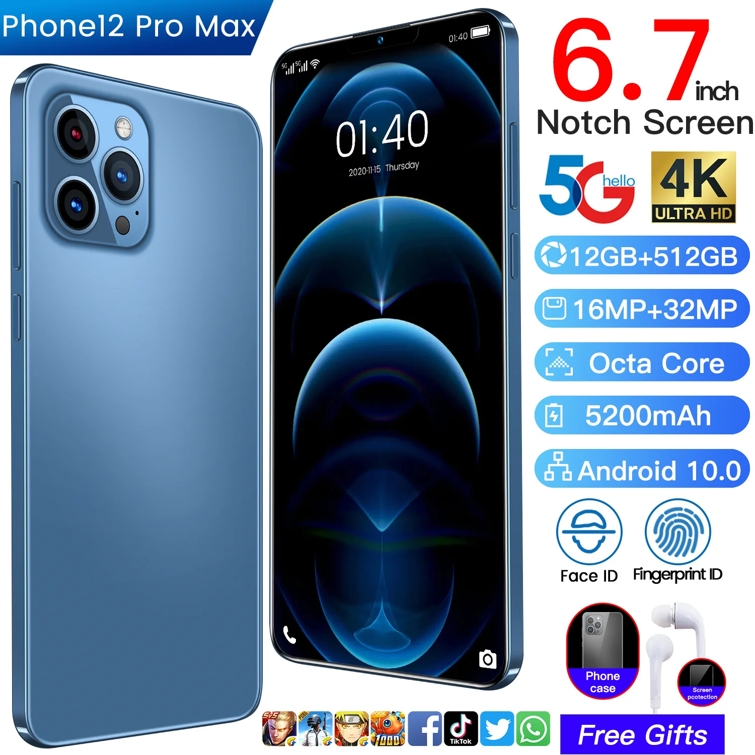 Самый дешевый телефон 12 Pro Max мобильный с большим экраном 6 7 дюйма оригинальный смартфон Android емкостью + 512 ГБ и батареей 5000