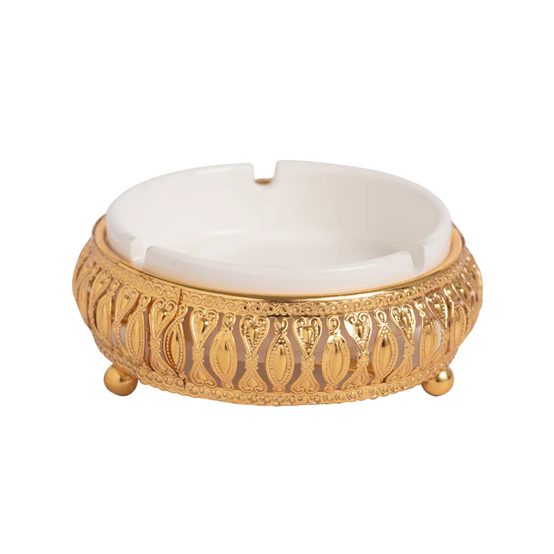 Nordic Light luxury Iron Art  Vintage funny Ceramic Ashtray With Golden Round Metal holder