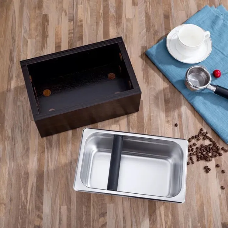 Custom Logo Barista Espresso Coffee Grind Powder Bucket Wood Stanliess Steel Knock Box