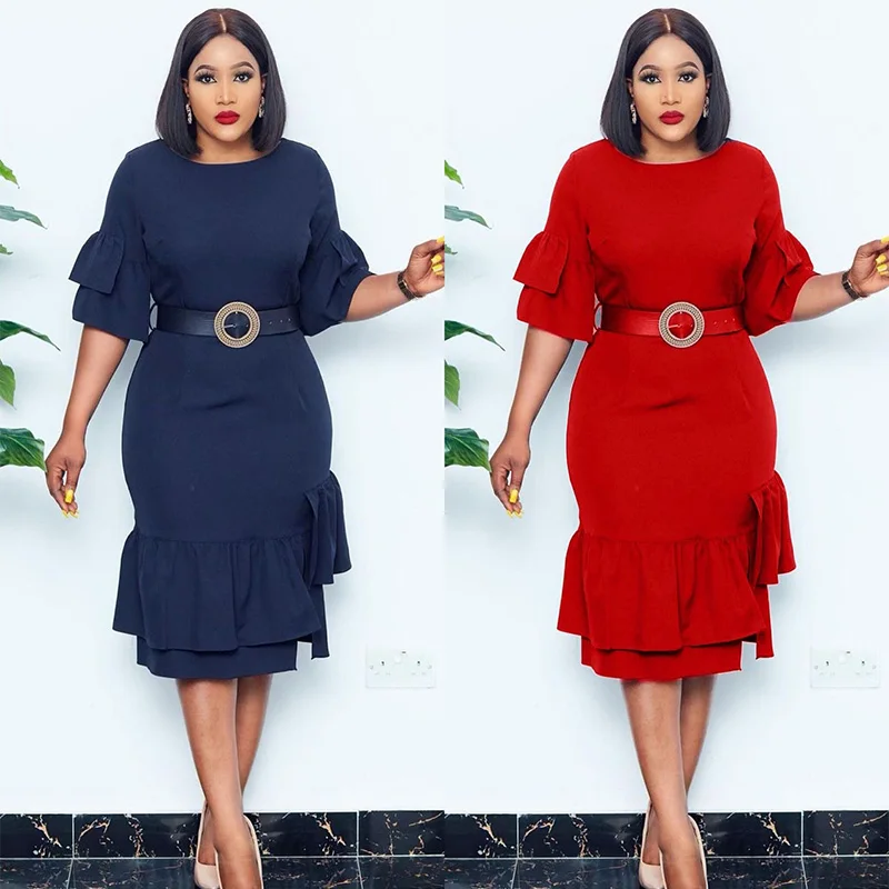 2022 Summer New African Solid Color Half Sleeve Elegant Office Dress Ladies Plus Size Pencil Career Dresses Vestidos Robes
