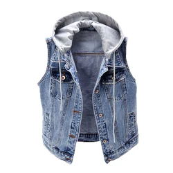 wholesale plus size custom slim short style cotton single buttons turn down collar hooded women sleeveless jacket denim vest