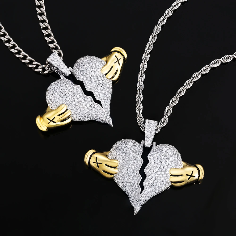 KRKC Drop Shipping No MOQ Iced Out Pendant Rapper Chain  Necklace 18K Real Gold Plated CZ Fully Bling Drip Broken Heart Pendant