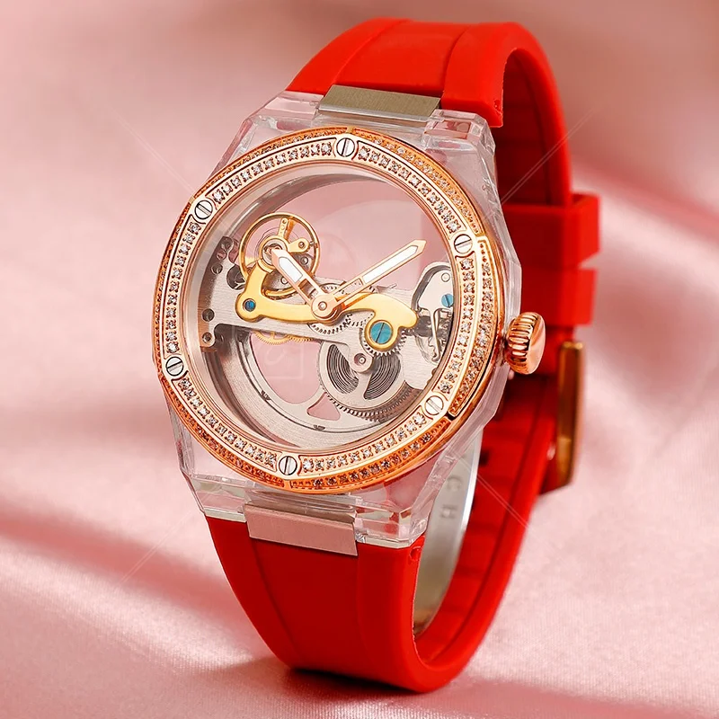 Bling Female Transparent Red Rubber Silicone Hand Square Wrist Luxury Automatic Mechanical Lady Watch Women