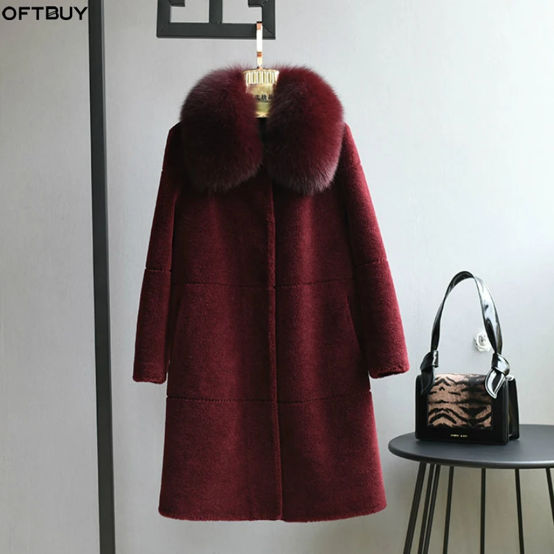 
OFTBUY fox fur collar long Parka Winter Jacket Women Real Fur Coat 100% Woven Wool Teddy Polar Fleece Bear Plush vintage fashion 