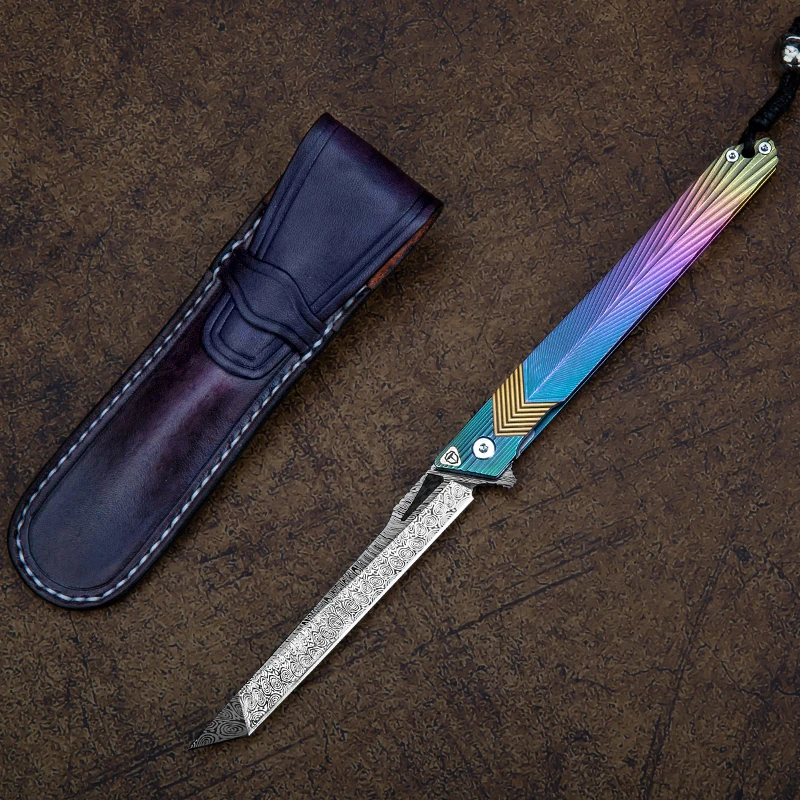 Premium Sweden Powder Damascus Steel Slim Pen Tanto Point TC4 Titanium Alloy Handle Pocket Knife with Clip And Leather Sheath