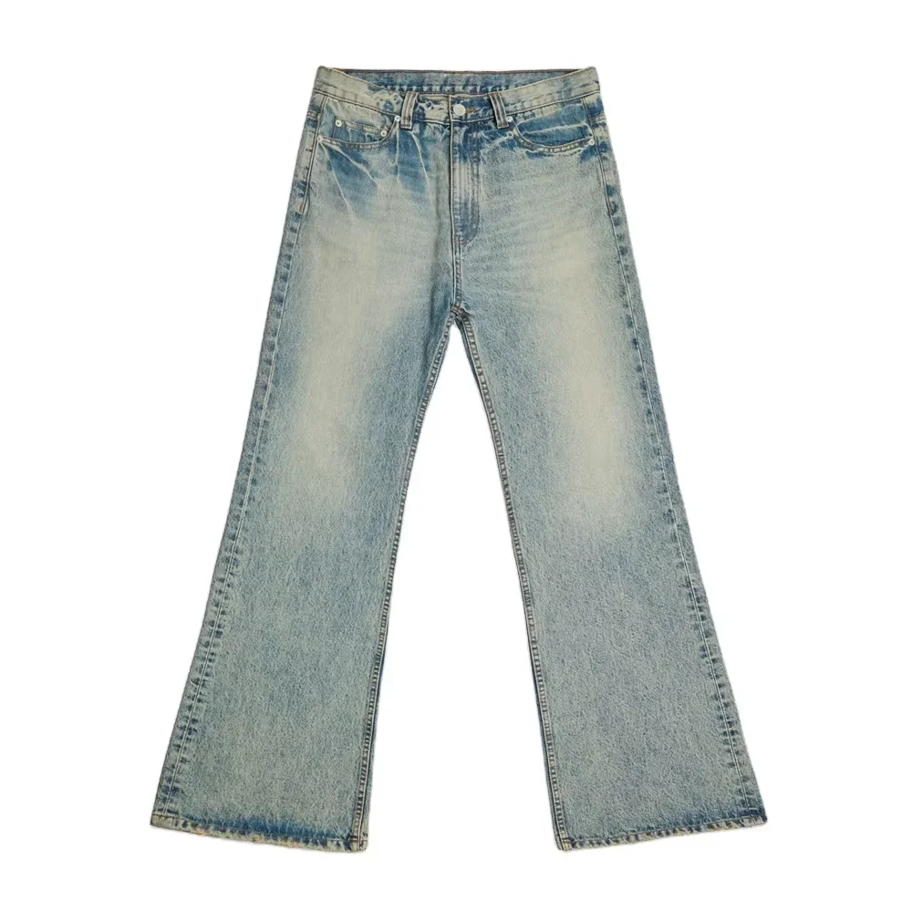 Custom Mens Vintage Indigo Stone Enzyme Wash Distressed Pockets Hem Denim Jeans Vintage Bootcut Jean