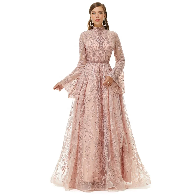 Luxury Beading Women Dresses Long Sleeves Lace Pattern A-line Floor Length Evening Dresses