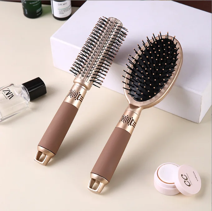 Brown Luxury Anti static 2 pcs per set round shape + massager brush in one set hair massager brush set