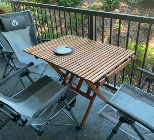 WOQI Lounge Outdoor Table Set Roll Top Legs Folding Wooden Table for Garden Patio Beach BBQ