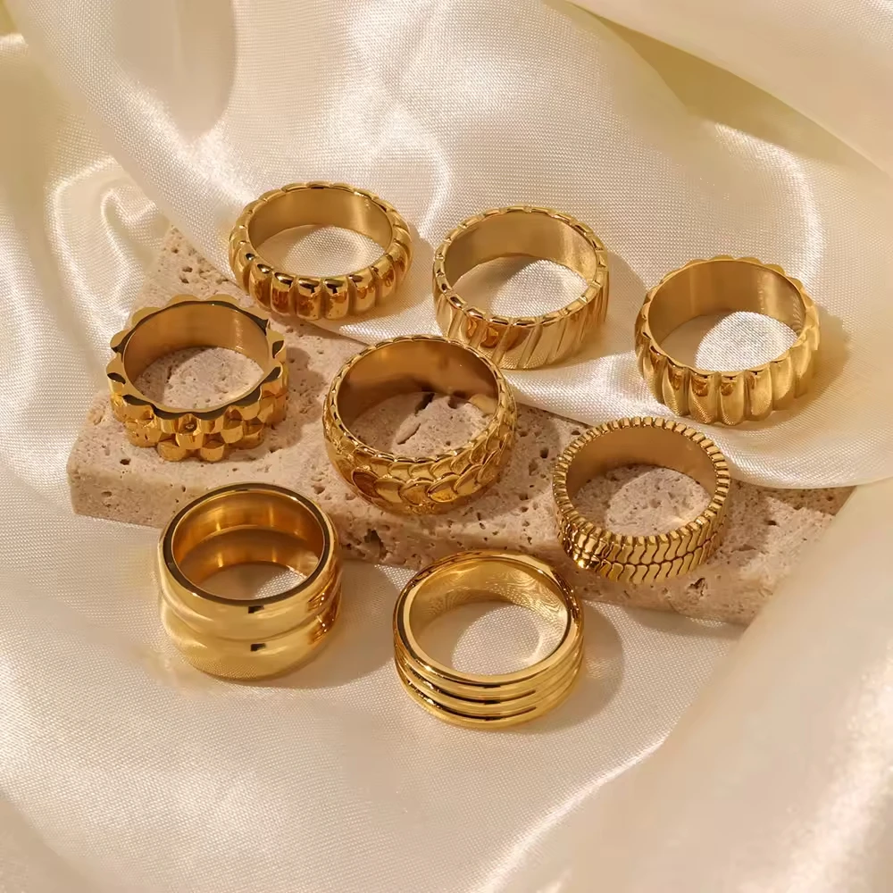 Fashion Punk Geometric Smooth Chunky Ring Waterproof Non Tarnish PVD Gold Plated Stainless Steel Twisted Finger Rings For Women