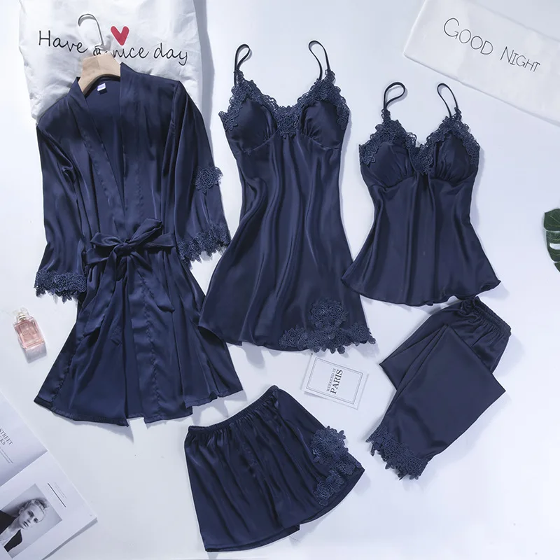 Hot new retail products five pieces sets women summer homewear bridal robe silk bathrobe