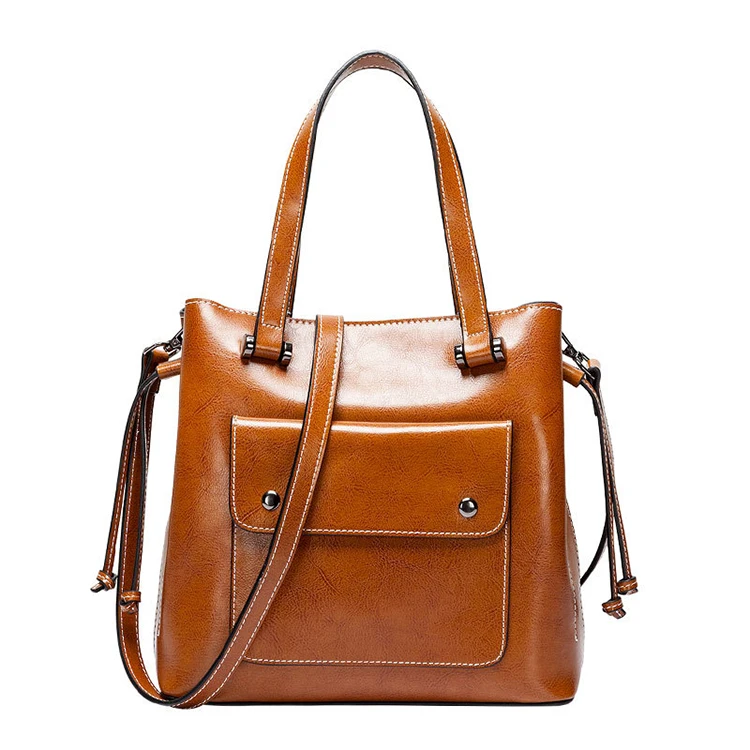 2019 China Fashion Oil Wax Genuine Leather Bag Large Capacity Tote Bag Big Ladies Cowhide Shoulder Bags