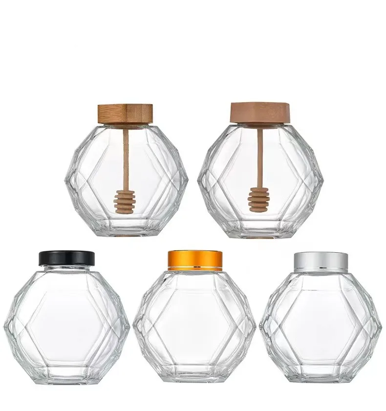 Hot selling 220ML 380ML 500ML Polygon glass honey jar with wooden stick