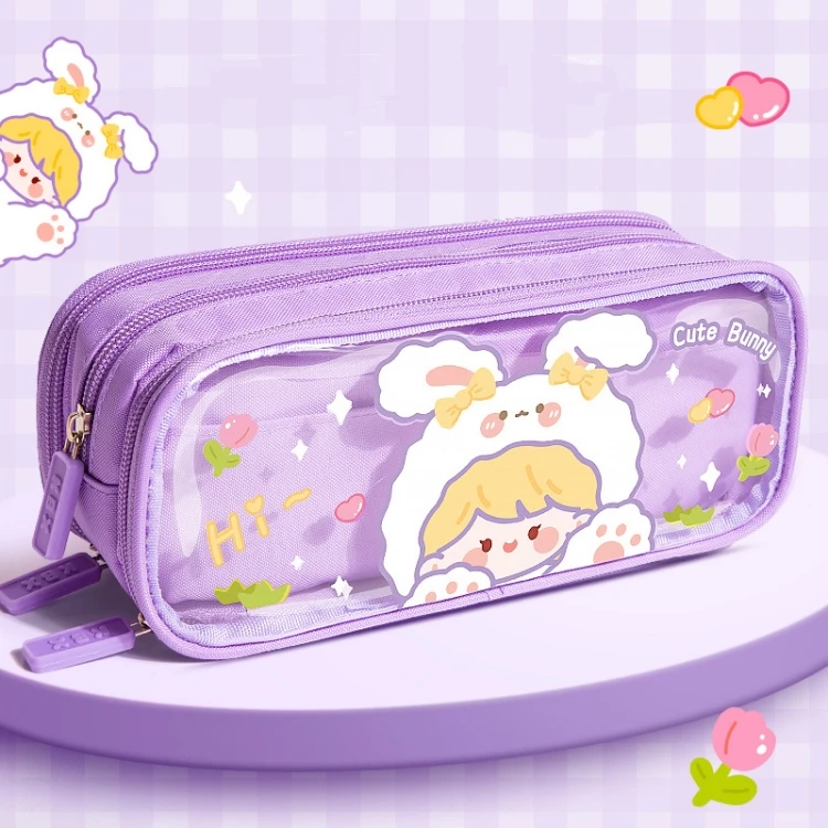 MAIMAI Student Only Transparent Pencil Case Canvas Cartoon Cute Stationery Pencil Box Canvas Good-looking Large Capacity