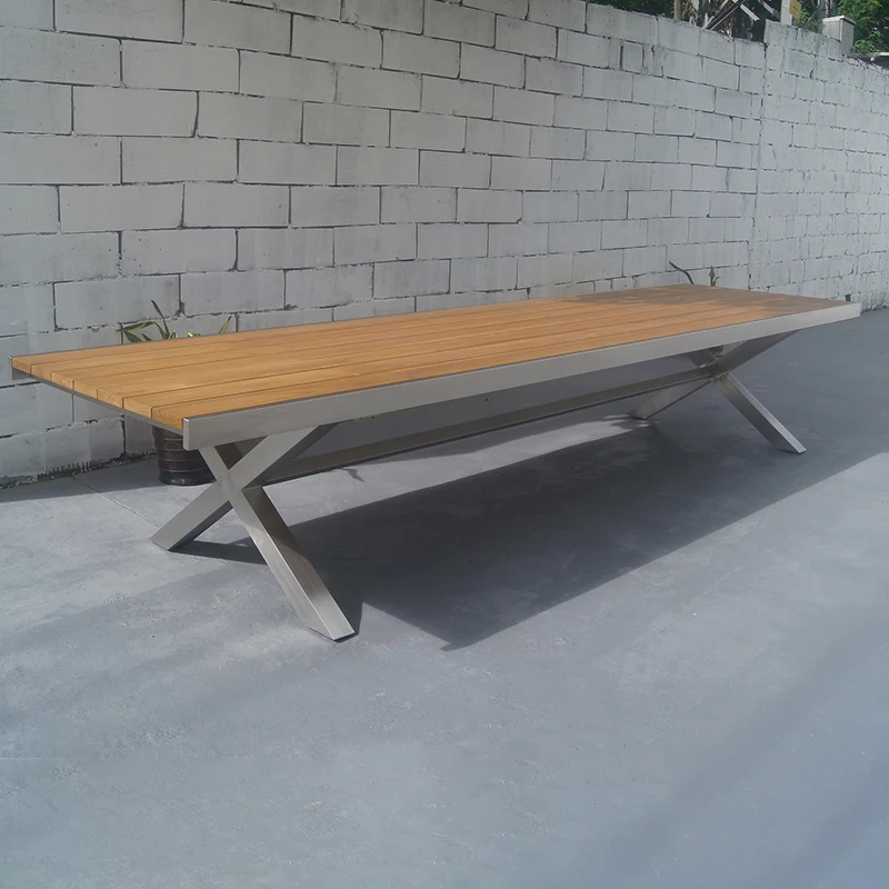 Modern luxury large size outdoor stainless steel teak table garden furniture set