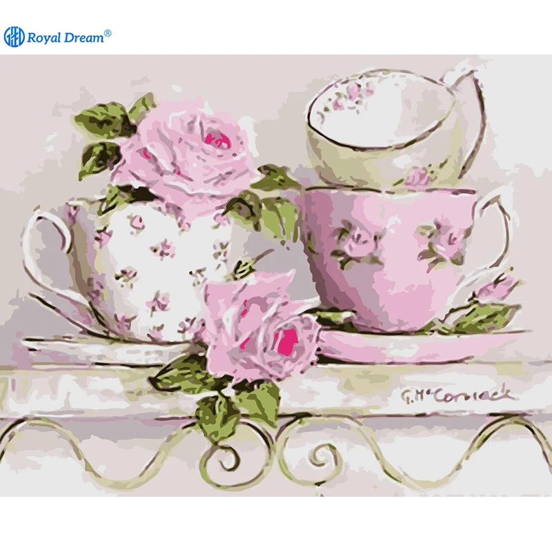 ROYALDREAM Rose coffee cup Oil painting by digital canvas painting for living room wall artist residence decoration