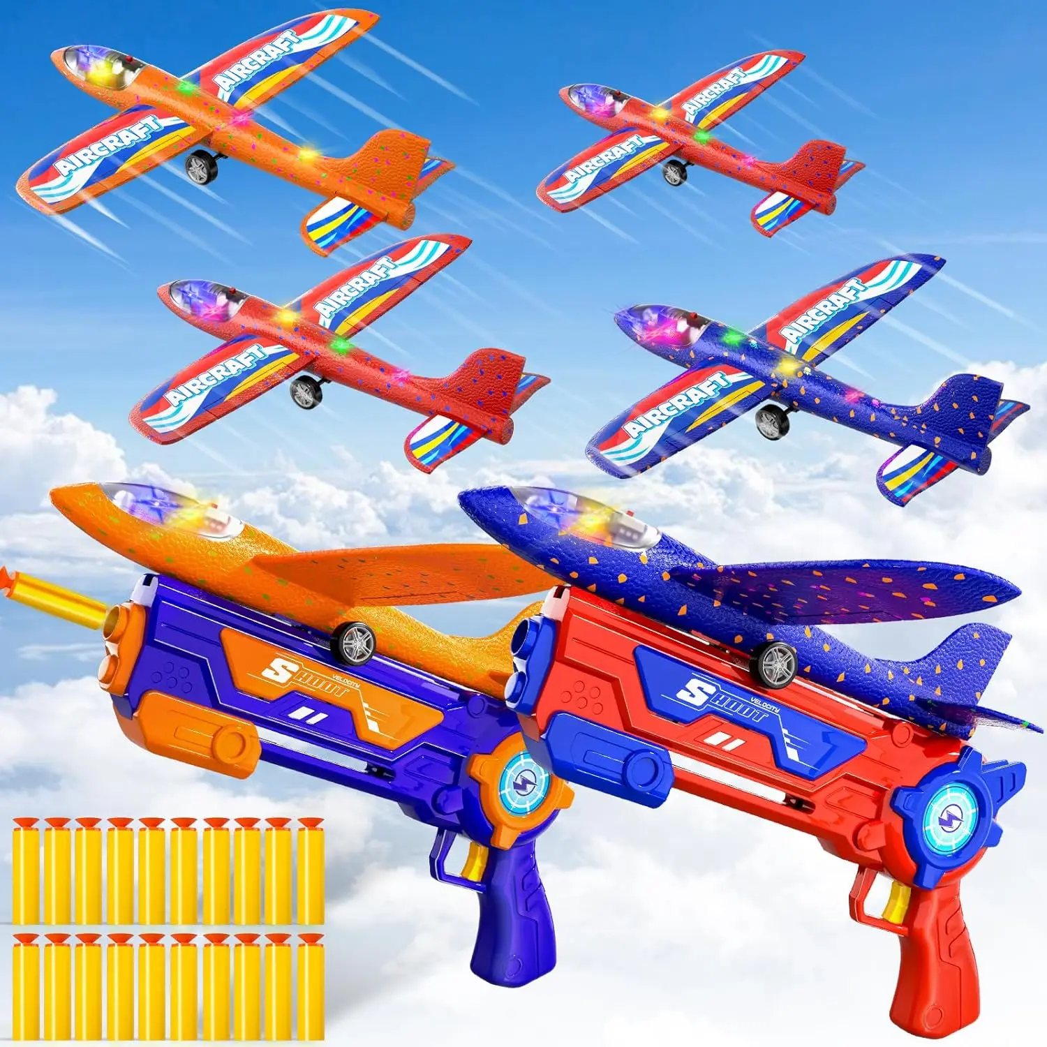 TEMI 4 Pack Airplane Launcher Toys,2 Flight Modes LED Foam Glider Catapult Plane, Outdoor Toys for 4 5 6 Year Old Boy Girl Gift
