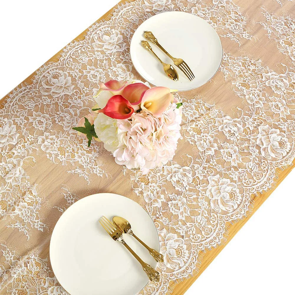75x300cm Luxury White Overlay Floral Decor Vintage Lace Table Runner For Wedding Bridal Shower Party