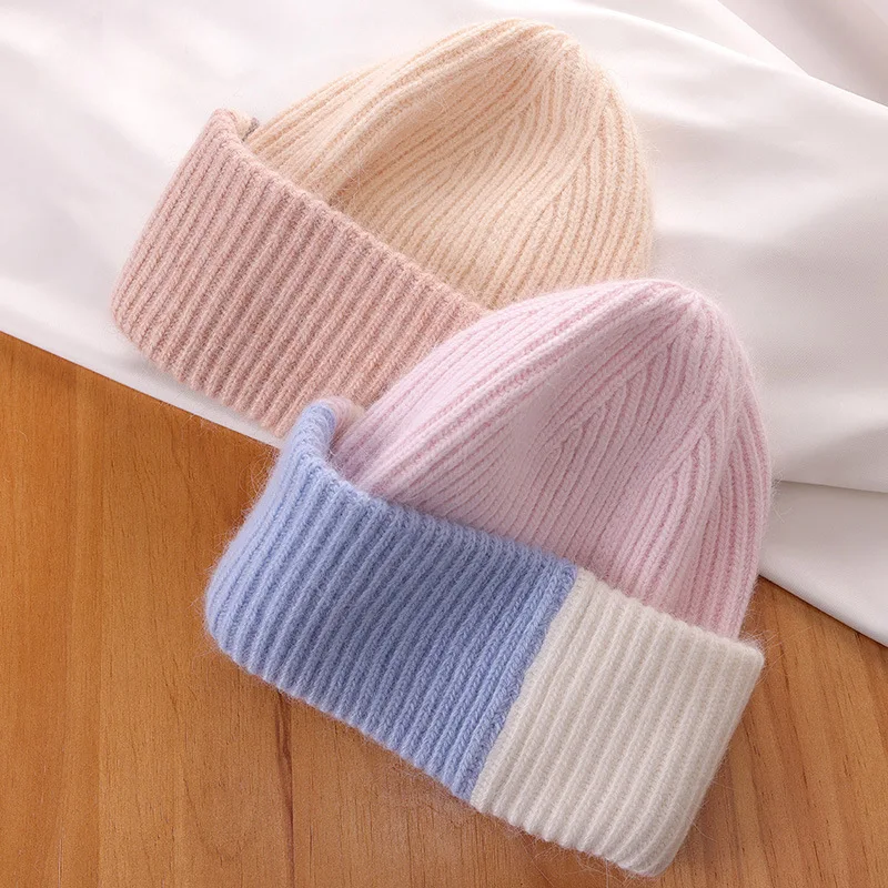 Winter Unisex Soft 2 Color Rabbit Fur Thickened Warm Knitted Hat Embroidered Logo Hat Two Tone Beanies